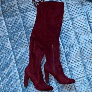 Dark red suede over the knee boots